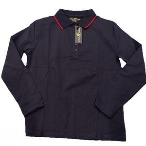 Gold Label long-sleeve pique polo shirt in navy with red trim.